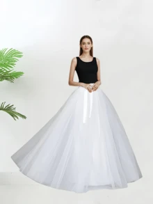 1 pieza Falda larga negra para mujer, falda de estilo gótico con abertura lateral blanca/roja para actuación en escenario, falda con lazo en la cintura, falda con superposición transparente, falda interior de malla de 150 cm de largo, linda minifalda - Multicolor - Ver 5