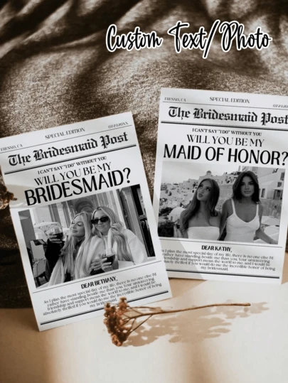 1pc Customized Newspaper Style Bridesmaid Proposal Card, Personalized Bridesmaid Proposal Card With Photo, Bridesmaid Info Card, Will You Be My Bridesmaid Card, Thank You Card, Bridesmaid Invitation, Customizable Text Card, Customized Bridesmaid Event Memento Card, Children's Art Activity, Warm Atmosphere, Autumn Decor