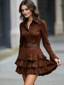 elfnokto 女士纯色绒面革荷叶边长袖衬衫裙，优雅 - 棕色 - 查看 3