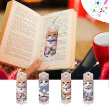 4件套钻石画书签 - 猫咪、猫头鹰、小狗图案，亚克力材质，镶嵌圆形水晶钻，适合初学者，可作礼物或阅读进度标记 - 查看 15