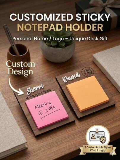 1pc 5″*4″ Custom Engraved Premium Walnut Wood Sticky Note Holder With Optional Logo, Modern Minimalist Rustic Brown Wood Desktop Organizer Note Pad Stand, Personalized Office Desk Accessory, Corporate Gift For Work From Home, Office Productivity & Holiday Gifts