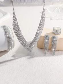 Modeschmuck-Set für Bräute, Halskette mit Strass, Ohrringe, Armband, elastischer Ring - Silber - Übersicht 2