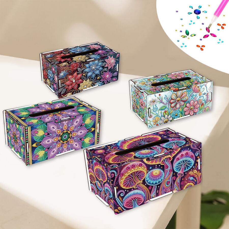 1pc Diamond Painting Tissue Box Kit, Flower & Mushroom Pattern, Wooden Material, Handmade DIY Dotted Rhinestone Craft, Partial Mosaic Handmade, Suitable For Home Living Room, Office Desk