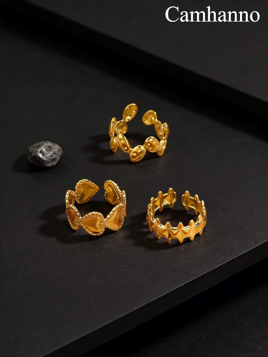 Camhanno 3/1件 - Niche Design 不锈钢心形/钻石/豆形图案戒指，女士款，奢华精致，可调节食指戒指。 - 金色 - 查看 1