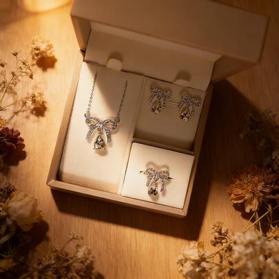 1pc The New Accessory Set - A Bow Necklace, Earrings And Ring - Is A Three Pieces Jewelry Set That Is Perfect As A Gift For Your Girlfriend Or Best Friend.