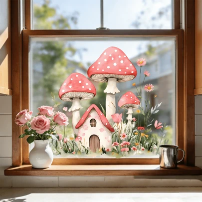 1/5 ملصق نافذة بتقنية الامتصاص الكهروستاتيكي بتصميم فطر مائي، ملصق قابل للإزالة ومقاوم للماء لديكور غرفة المعيشة وغرفة النوم والمكتب المنزلي، فن طبيعي جمالي، ديكور منزلي.