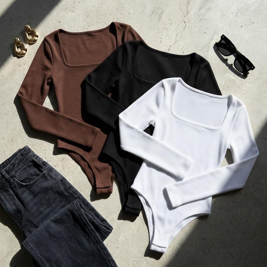 Women's Long Sleeve Square Neck Bodysuit In Spandex, Autumn/Winter Style, Immediate Shipping, Various Colors, Plus Size, One Size Fits All, Chic And Elegant - 黑白棕色 - 查看 1
