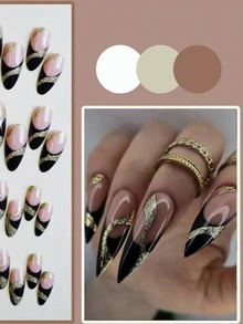 Monina 24pcs Gothic Style Black Lines Yellow French Almond Shaped Nail Stickers, Minimalist Low-Key Luxury Versatile, Essential For Graduation Season - Gold - View 2