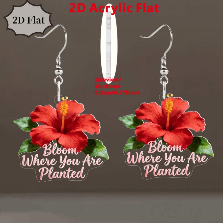 Red Hibiscus 2D Acrylic Earrings – "Bloom Where You Are Planted" Inspirational Dangle Earrings For Women, Girls & Flower Lovers, Perfect For Summer & Everyday Wear - Multicolor - View 1