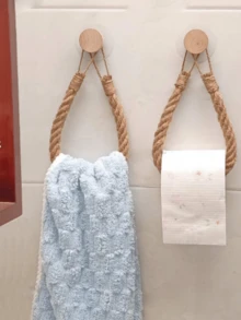 No Drill Solid Wood Hanging Hook, Rope Crafted Toilet Paper Holder, Bathroom Tissue Roll Storage Rack, Woven Towel Rack - Khaki - View 1