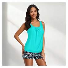 Women's Tankini Swimsuit Turquoise Ruched Two Piece Bathing Suit Floral Print Boy Shorts Swimwear With Tummy Control & Modest Coverage - Multicolor 882 - View 5