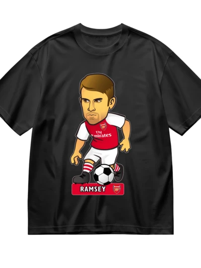Men's Cotton Short Sleeve T-Shirt Round Neck Casual Football Fan Wear - Arsenales Football Club Player Ramsey Cartoon Graphic Print With Soccer Ball And Team Logo - Perfect For World Cups Football Matches Supporter Outfit Ideal For Watching Games At Home Or Stadium Events Featuring Popular Premier Leagues Player Design For Sports Enthusiasts And Team Followers