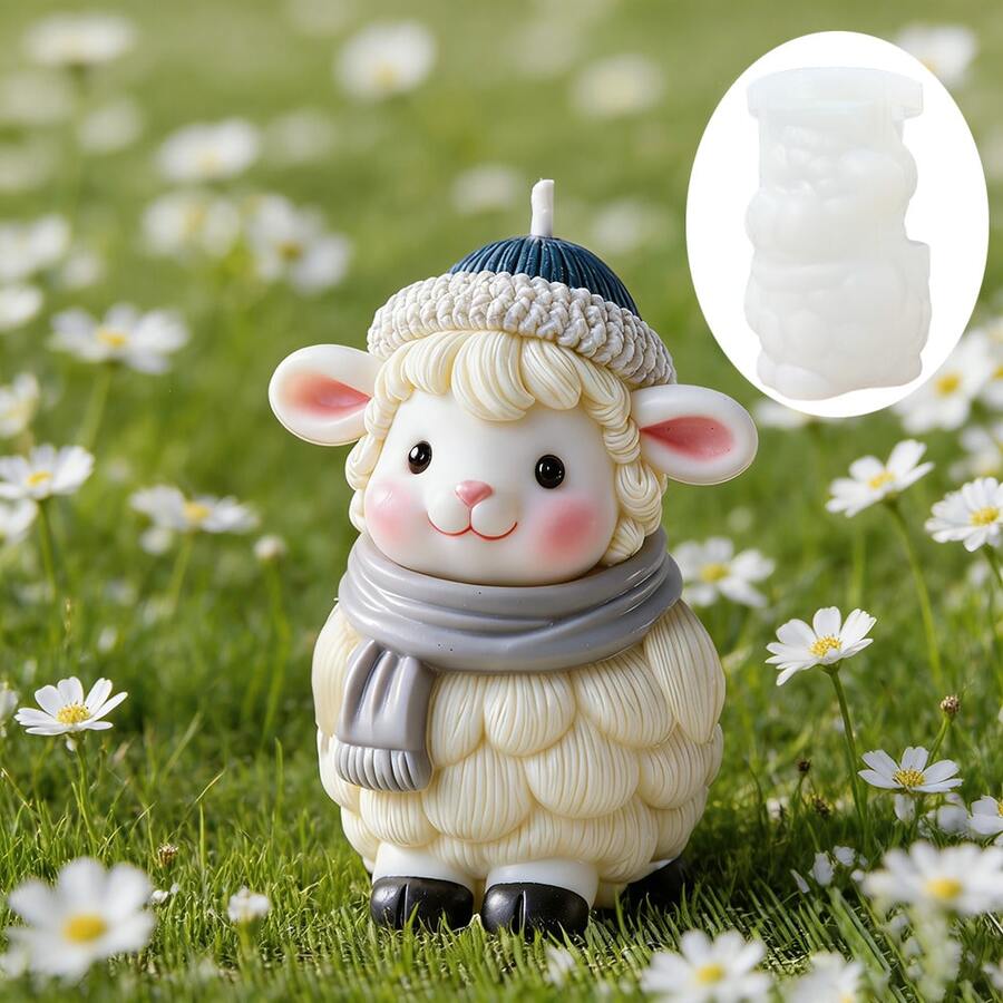 Cute Little Sheep-Shaped Aromatherapy Candle Silicone Mold. DIY Scarf-Wearing Little Sheep Silicone Mold, Suitable For Resin, Gypsum, Clay, Concrete, Cement Crafts And Other Holiday Gifts And Home Decorations. - A-White - View 1