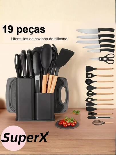 Kit 19Peças Utensílios de Cozinha Luxo com Tábua de Silicone, Espátula, Faca e Tesoura