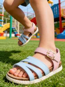 Summer New Fashion Versatile Boys/Girls PU Strap Design Roman Sandals, Soft Breathable Foot Protection Non-Slip Sole Lightweight Sandals - Baby Blue - View 3