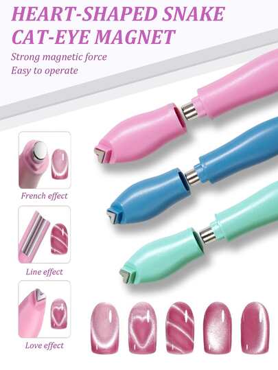 1个3D心形美甲磁铁。三合一猫眼效果双线蛇皮法式美甲UV吸附磁铁。多功能UV凝胶法式猫眼美甲工具磁铁，适用于家庭美甲沙龙DIY，美甲用品，美甲工具，返校季，美甲，假指甲，美甲护理工具