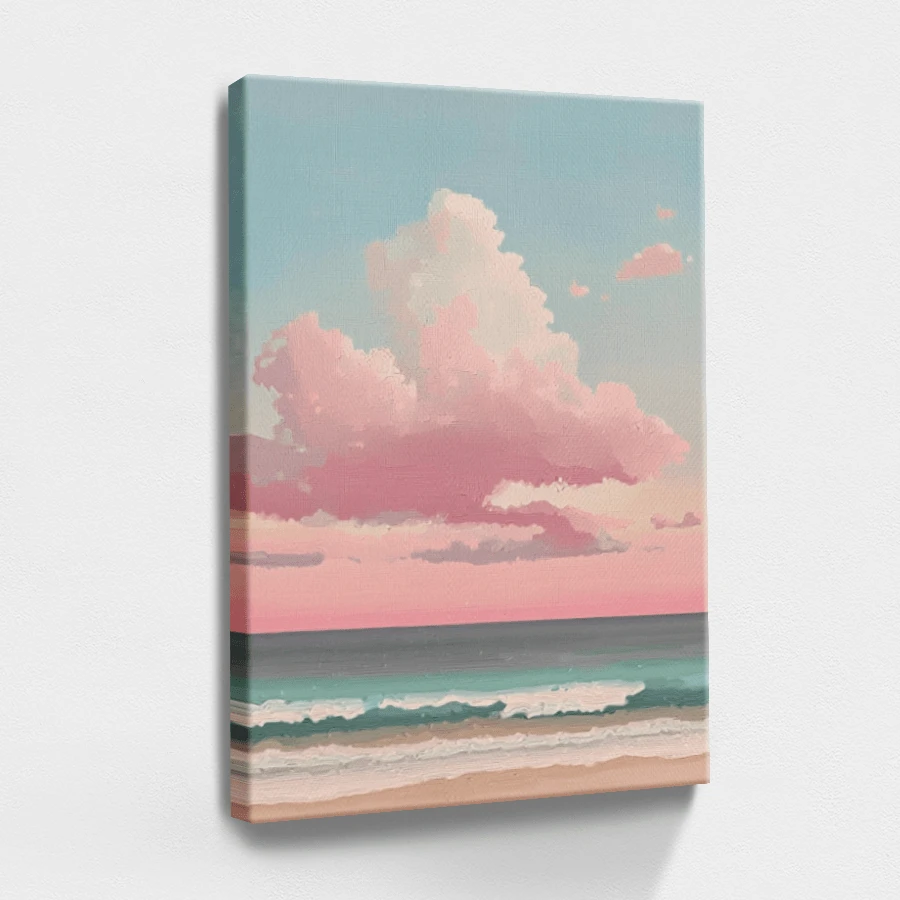 1 pza Arte de pared de verano azul, decoración de playa, cuadro de lienzo con marco, póster vintage, cielo nublado, cuerpo de agua, paisaje - Impresionista, enfoque natural, estilo de paleta pastel, decoración para sala, dormitorio u oficina, incluye herrajes - Vertical - Lienzo enmarcado - Ver 1