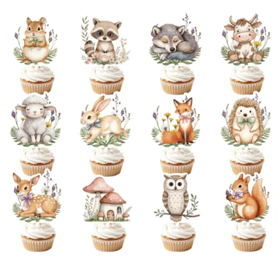 24件套，森林动物纸杯蛋糕装饰，丛林动物蛋糕装饰套装 - 水彩松鼠、刺猬、兔子和蘑菇屋设计纸杯蛋糕装饰，适用于森林主题婴儿派对、生日纸杯蛋糕和派对礼品用品