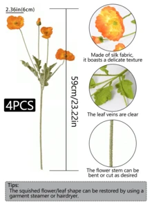 1件/2件/3件 人造罌粟花，長59公分，含4朵花，極簡現代風，可彎曲且不褪色 - 用於DIY花牆、場景佈置、客廳與臥室花瓶插花、婚禮、派對、家居裝飾、桌面填充、房間裝飾、情人節、花園、園藝、園藝用品 - 橘色 - 查看 12