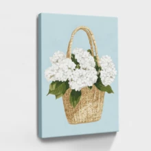 1 pza Cuadro decorativo de verano, estilo playa y océano, póster en lienzo enmarcado con madera, canasta con flores blancas - Estilo botánico y realista, regalo perfecto, para sala, recámara u oficina, incluye herrajes. - Lienzo enmarcado - Ver 1