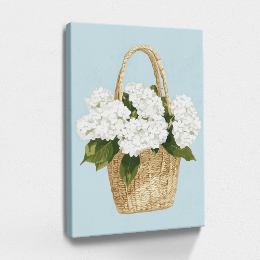 1 pza Cuadro decorativo de verano, estilo playa y océano, póster en lienzo enmarcado con madera, canasta con flores blancas - Estilo botánico y realista, regalo perfecto, para sala, recámara u oficina, incluye herrajes. - Lienzo enmarcado - Ver 1