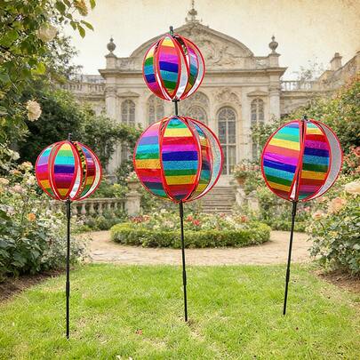 1pc Outdoor Decor Striped Windmill, Colorful Film Iridescent Pinwheel, Wind Vane, Iridescent Reflective Spherical Pinwheel, Suitable For Scenic Spots, Gardens, Courtyards, Lawns And Gardening Decor