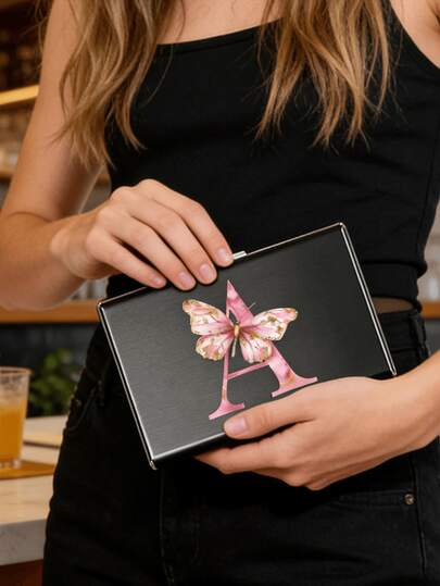 6格卡包，蝴蝶金粉色字母A-Z卡包，男士卡包，RFID模块，铝合金超薄钱包，零钱包，身份证银行信用卡夹，极简超薄铝合金金属钱包，满足日常收纳需求，方便携带，适合工作、购物、聚会、送礼（家人、朋友、情侣）、生日礼物、纪念品等场合。