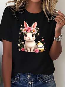 100% Cotton Women's Easter Bunny & Floral Print T-Shirt - Soft Pastel Spring Colors With Smiling Rabbit & Balloon Bow Design, Relaxed Fit Short Sleeve Round Neck Casual Easter Outfit, Machine Washable All-Season Comfortable White Blouse With Charming Rabbit & Floral Wreath Detail, Pink & Green Hues, No Transparency, Suitable For Spring Celebrations & Easter Gatherings - màu đen - Xem 1