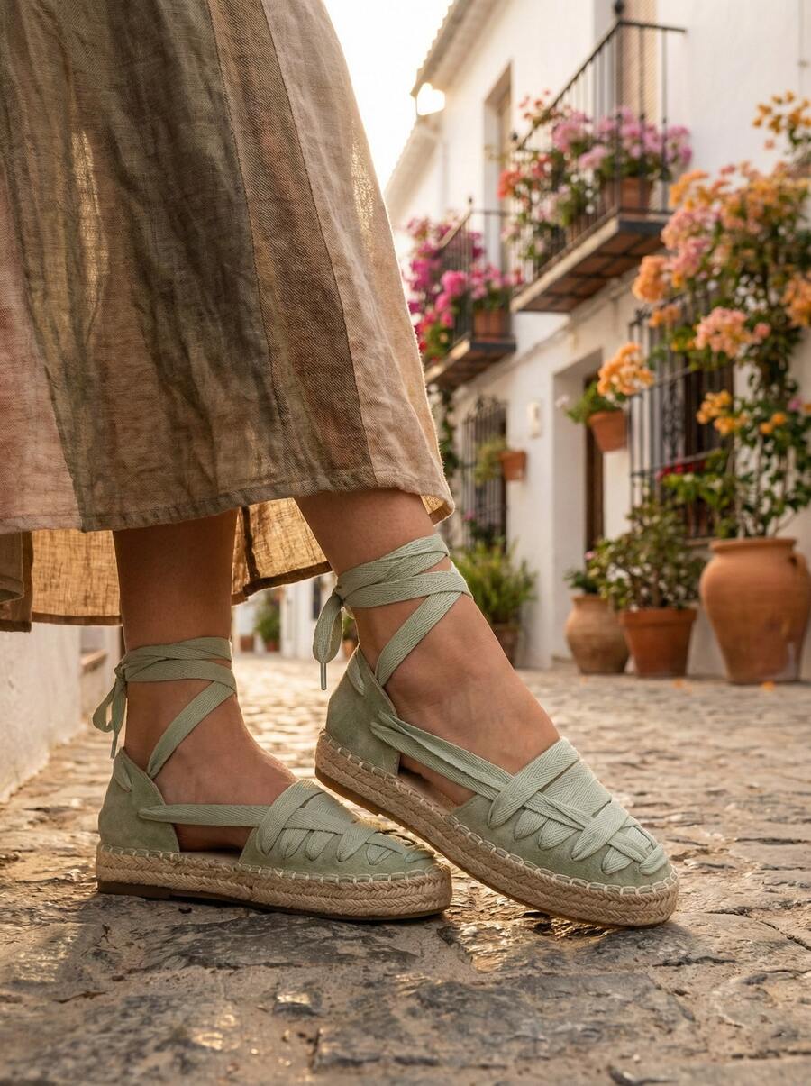 Soraia 女士平底草編鞋，踝帶設計 - 波西米亞風黃麻涼鞋，包頭交叉設計，適合夏季、海灘和度假穿著 - 橄欖綠 - 查看 1