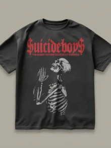SUICIDEBOY SHIRT, Suicideboy, Casual Cotton Round Neck Short Sleeve T-Shirt For Women With Bold Skeleton Graphic Print And Regular Hem - Black - View 1