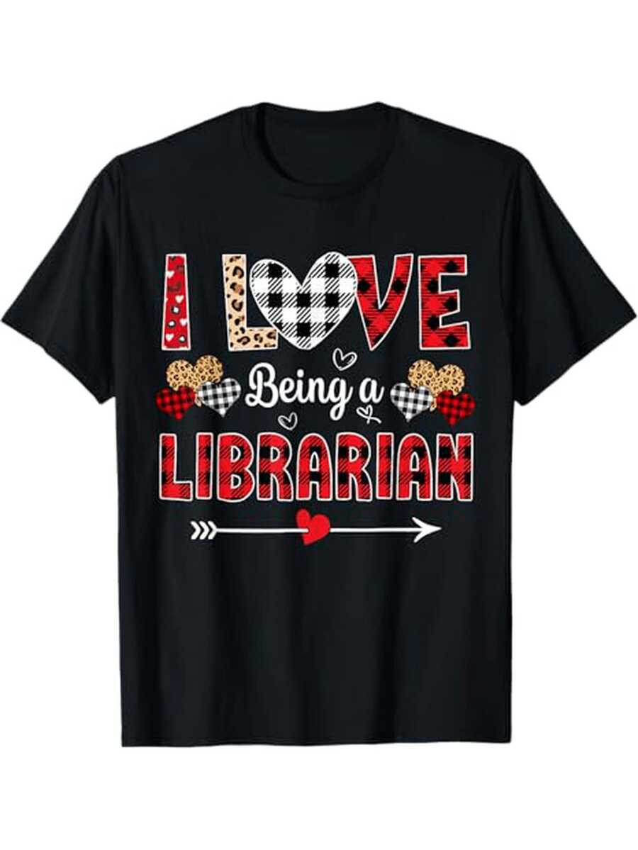 Me encanta ser bibliotecario: Camiseta de bibliotecario con estampado de leopardo para el Día de San Valentín - Negro - Ver 1