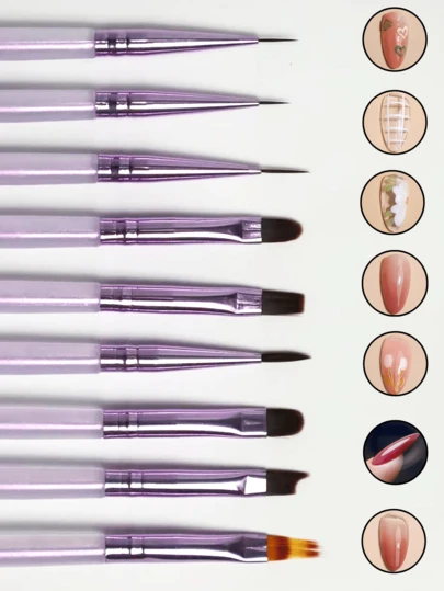 This Pink Nine-Piece Nail Art Brush Set Includes: A Nail Brush, A Liner Brush, A Double-Ended Brush, A Structure Brush, A UV Gel Painting Brush, And A Gradient Brush. Suitable For Both Salon And Home Use. Easy To Store, It's Ideal For Beginners And Offers Various DIY Options.