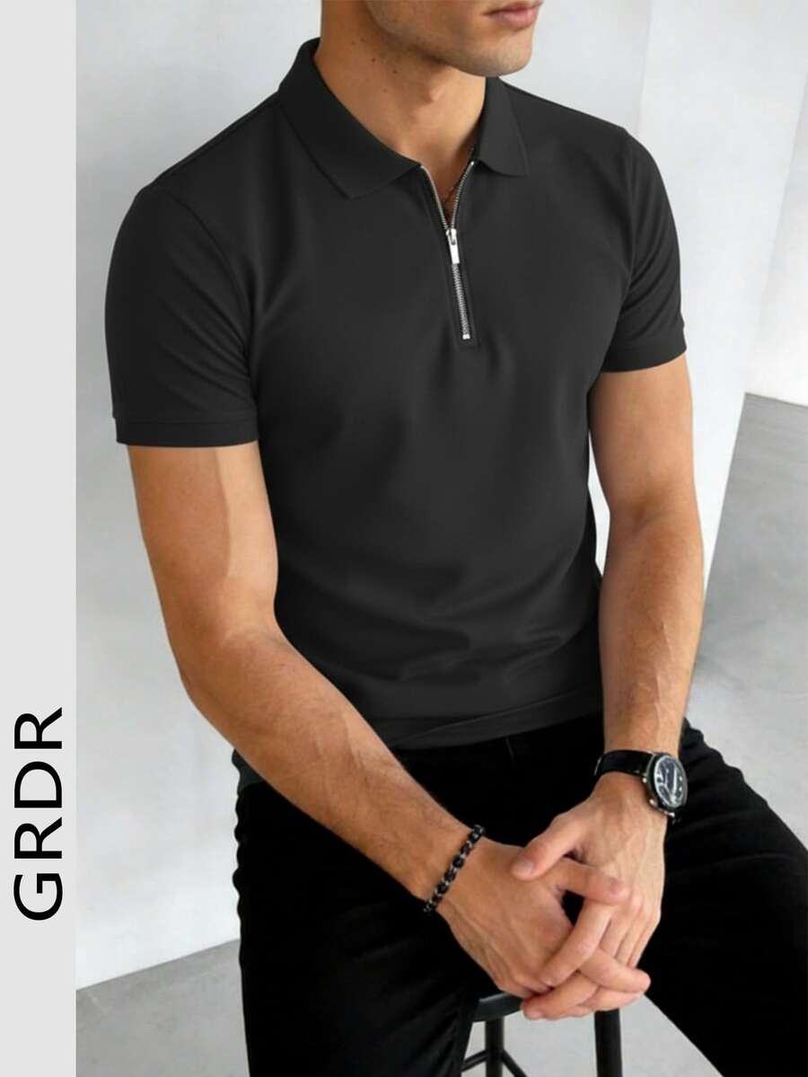 GRDR 男士夏季半拉链 Polo 衫，美式街头风修身款，百搭商务休闲上衣 - 黑色 - 查看 1