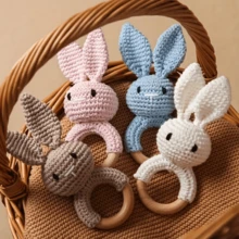1pc Crochet Rabbit Rattle, Cute Rabbit Grab Doll, Wooden Hand Rattle, Rattle Doll Gift Box, Birthday Gift, Handmade Crochet Animal Rattle, Knitted Cartoon Plush Doll, Soothing Chewable Doll - Multicolor - View 3