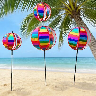 1pc Colorful Striped Rotating Ball Windmill, Rainbow Sequin Windmill, Suitable For Scenic Spots, Gardens, Courtyards, Lawns And Gardening