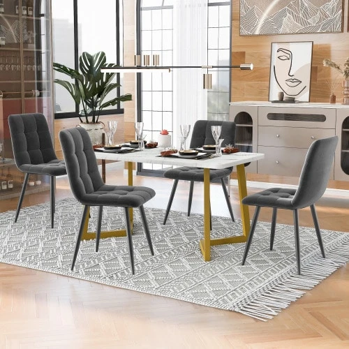 117cm Dining Table With 4 Chairs, Rectangular Dining Table, Modern Kitchen Table And Chair Set, Dark Grey Velvet Dining Chair, Gold Table Legs - Grey - View 1