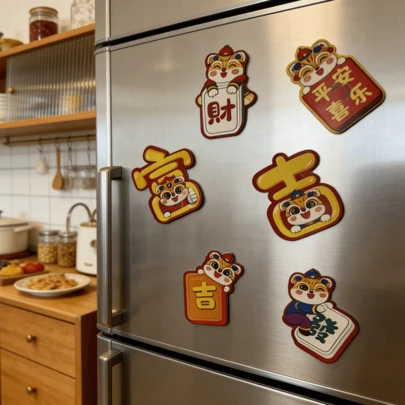 Adorable Lunar New Year Refrigerator Stickers - Cartoon Lion Horse Mascots With Blessing Words - Lightweight, Easy To Apply, & Suitable For Decorating Kitchen Appliances, Whiteboards, & Metal Furniture During Festive Seasons
