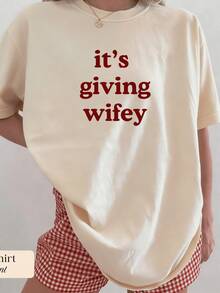 2026 Women' Its Giving Wifey Print T Shirt,Bride To Be Oversized Heavy Cotton Tee,Honeymoon Wedding Daily WearEnd Of - 杏色 - 查看 8