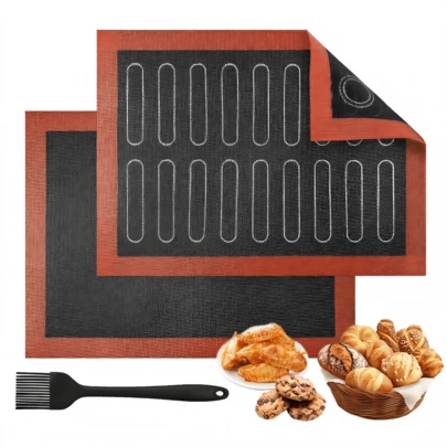 2pcs/3pcs Silicone Baking Mat And Silicone Baking Brush, Perforated Baking Mat - Non-Stick, Heat-Resistant, Breathable Design, Reusable Baking Mat Suitable For Baguettes, Cookies And Bread. Premium Silicone Baking Mat Set With Brush - Perforated Design For Even Baking, Ideal For Homemade Bread And Pastries. Perforated Silicone Baking Mat With Brush