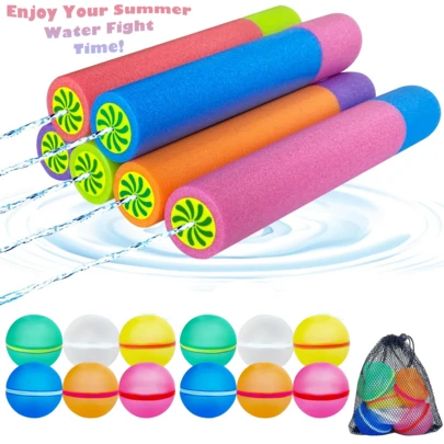1 Set Water Gun Blaster&Water Balloons, Magnetic Reusable Tropical Colored Water Balloons, Playing Water Fight Games, Pull-Out Straight Foam Guns With Ergonomic Handles, Quick Fill, Soft Foam, Summer Fun Toys, For Outdoor Camping Beach Swimming Poolside