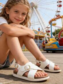 Summer New Fashion Versatile Boys/Girls PU Strap Design Roman Sandals, Soft Breathable Foot Protection Non-Slip Sole Lightweight Sandals - White - View 2