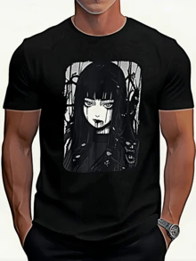 EWH Horror Anime Graphic T-Shirt - Pink Gothic Dark Style, Black Anime Girl With Skulls & Blood Design, Casual Knitted Fabric, Round Neck, Everyday Tshirt   Horror Anime Print   Knitted Texture - Black - View 12