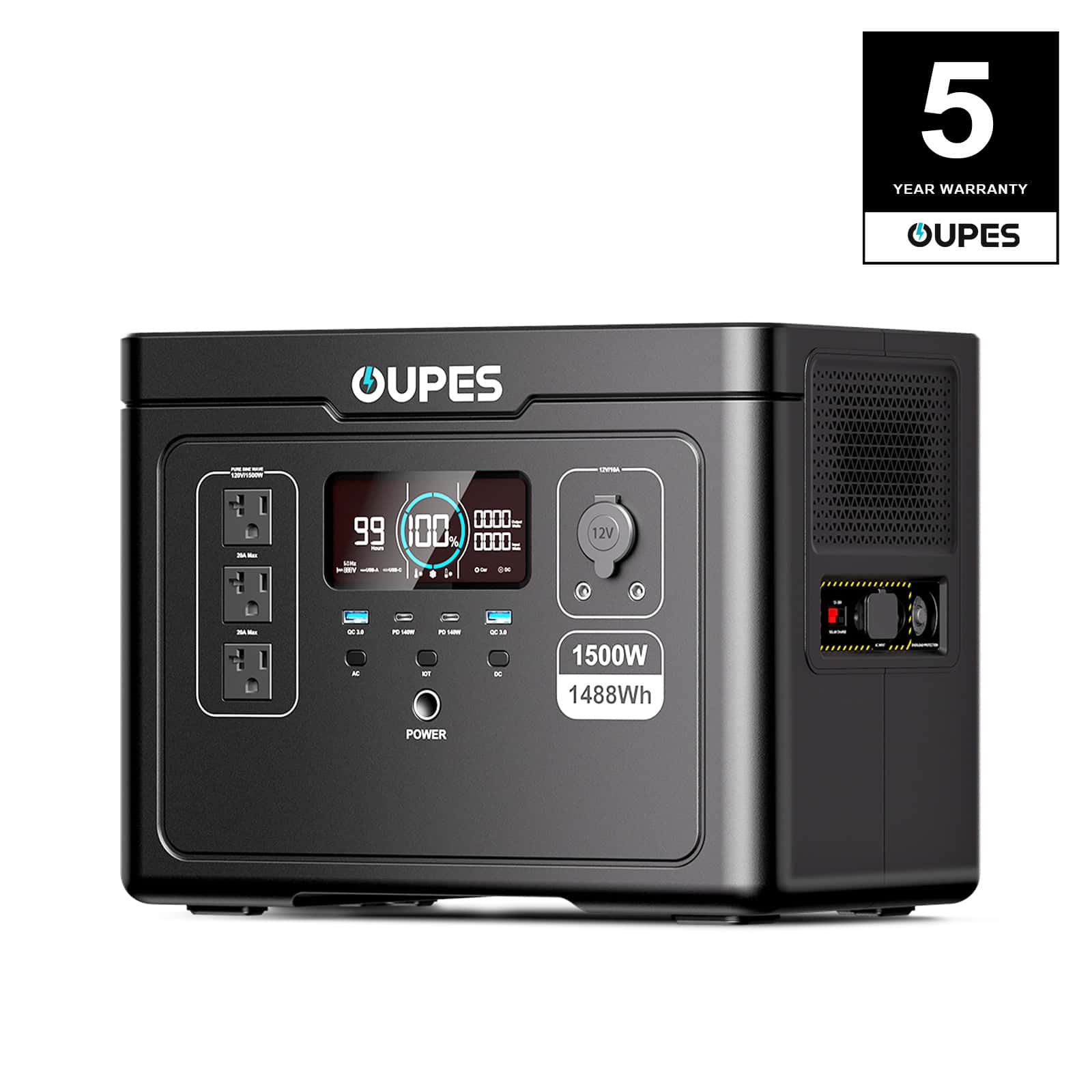 OUPES 1500W 1488Wh Portable Power Station Solar Generator LiFePO4 Battery Pack With 10 Outputs For Outdoor Camping, RV/Van Travel, Emergency Situations, Home Backup - 黑色 - 查看 1