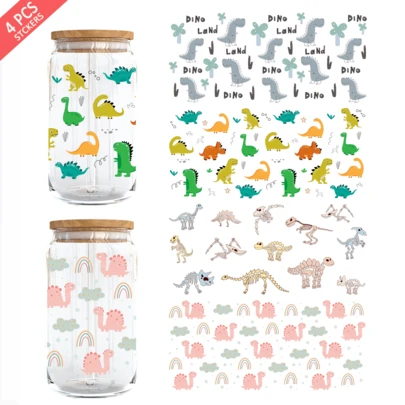 4pcs Colorful Dinosaur UV DTF Cup Wrap For 16oz Libbey Glass - Waterproof 3D Crystal Transfer Sticker For DIY Crafting, Mugs, Laptops