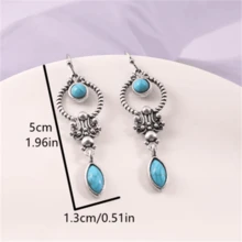 一对波西米亚复古镶嵌合成绿松石吊坠耳环，时尚珠宝，女士婚礼派对礼物 - 復古銀色 - 查看 4