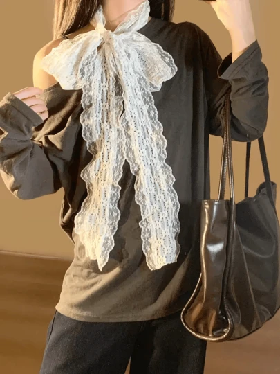 1PC Fashionable Elegant Lace Floral Long Silk Scarf Neck Warmer Lightweight Breathable Women's Spring Summer Decorative Belt Ribbon