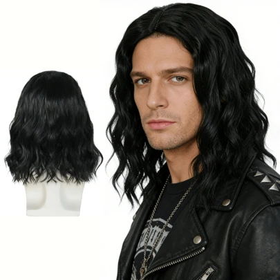 High Quality Black Medium-Length Wavy Wig, Natural Realistic Curly Hair For Men & Women, Multi-Scene Wig For Daily Use & Anime Cosplay
