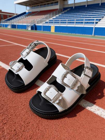 1 par de sandalias de dedo abiertas cómodas para niñas con suela plana gruesa, con detalles de hebilla de metal con relieve vintage y decoración de hojas, con correas ajustables dobles y acento de hebilla de metal, en estilo occidental retro para festival de música/fiesta temática