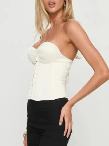 Women's Strapless Sweetheart Neck Corset Tops Solid Color Hook And Eye Closure Front Bandeau Tube Tops - Ivory White - View 2