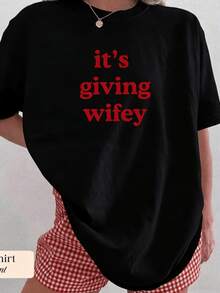 2026 Women' Its Giving Wifey Print T Shirt,Bride To Be Oversized Heavy Cotton Tee,Honeymoon Wedding Daily WearEnd Of - 黑色 - 查看 11